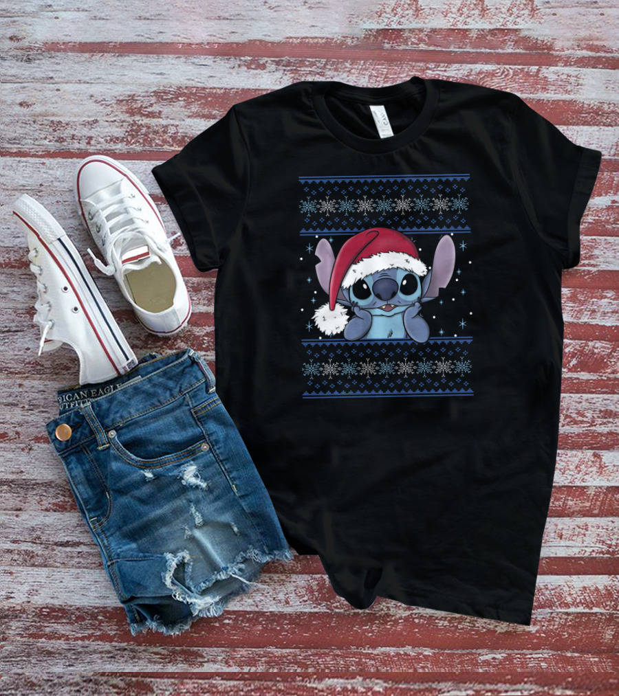 Disney Lilo And Stitch Christmas Stitch UglyStyle Santa Hat Snowflakes Festive T-Shirt