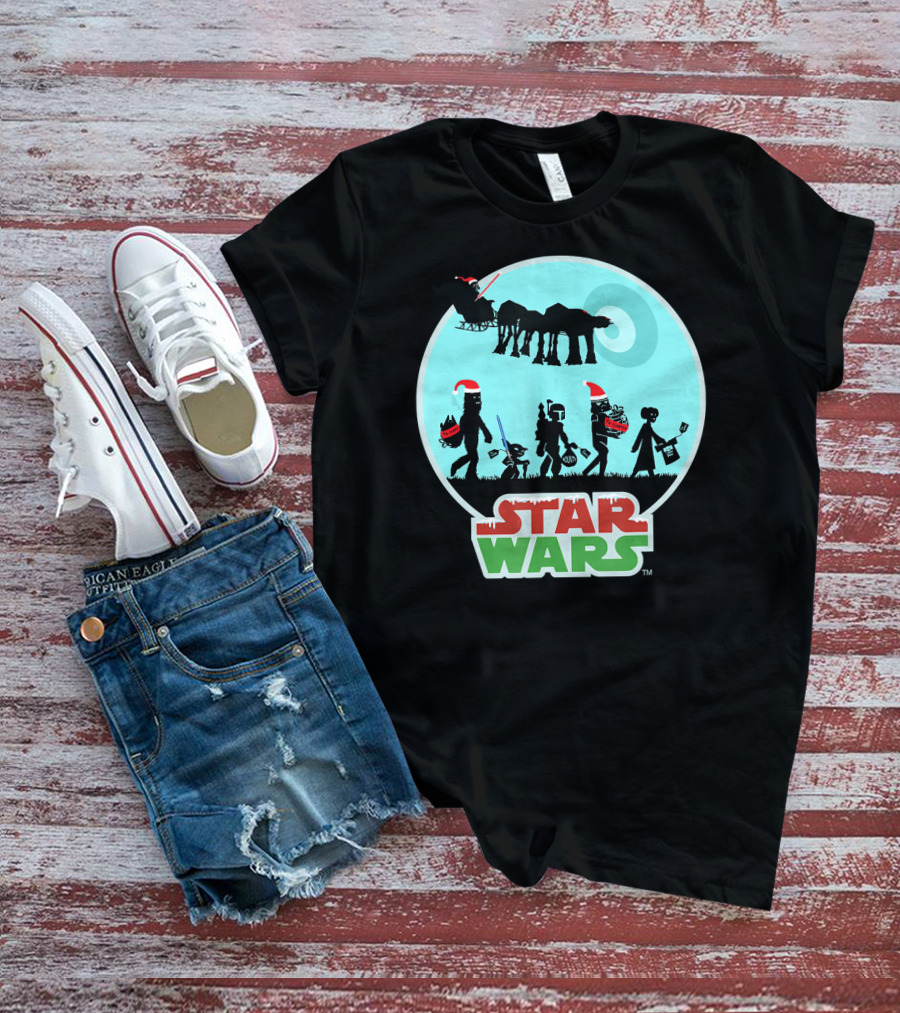 Star Wars Holiday Characters With Santa Hats And Death Star T-Shirt