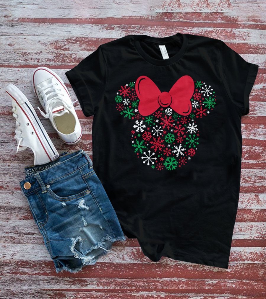 Disney Minnie Mouse Holiday Snowflakes Icon With Red Bow T-Shirt