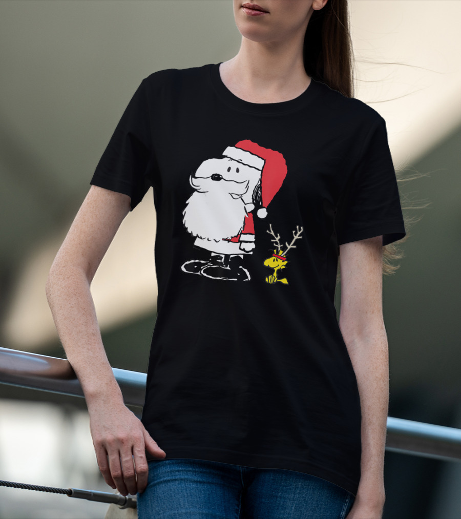 Snoopy Santa With Woodstock Antlers Peanuts Holiday T-Shirt