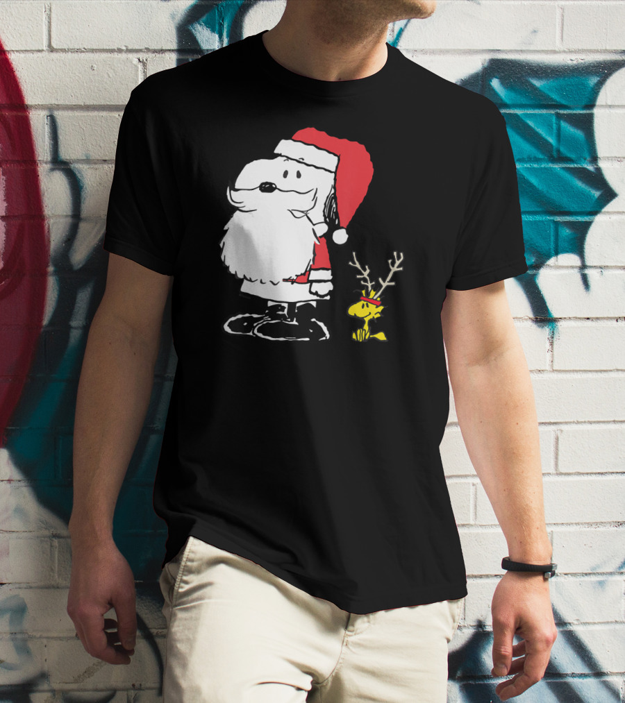 Snoopy Santa With Woodstock Antlers Peanuts Holiday T-Shirt