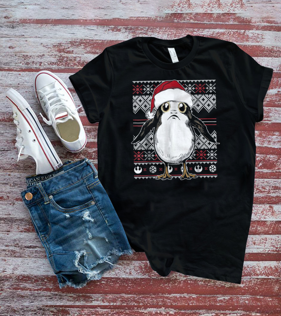 Star Wars Porg Santa Hat Christmas Sweater Pattern Rebel Alliance Snowflakes T-Shirt