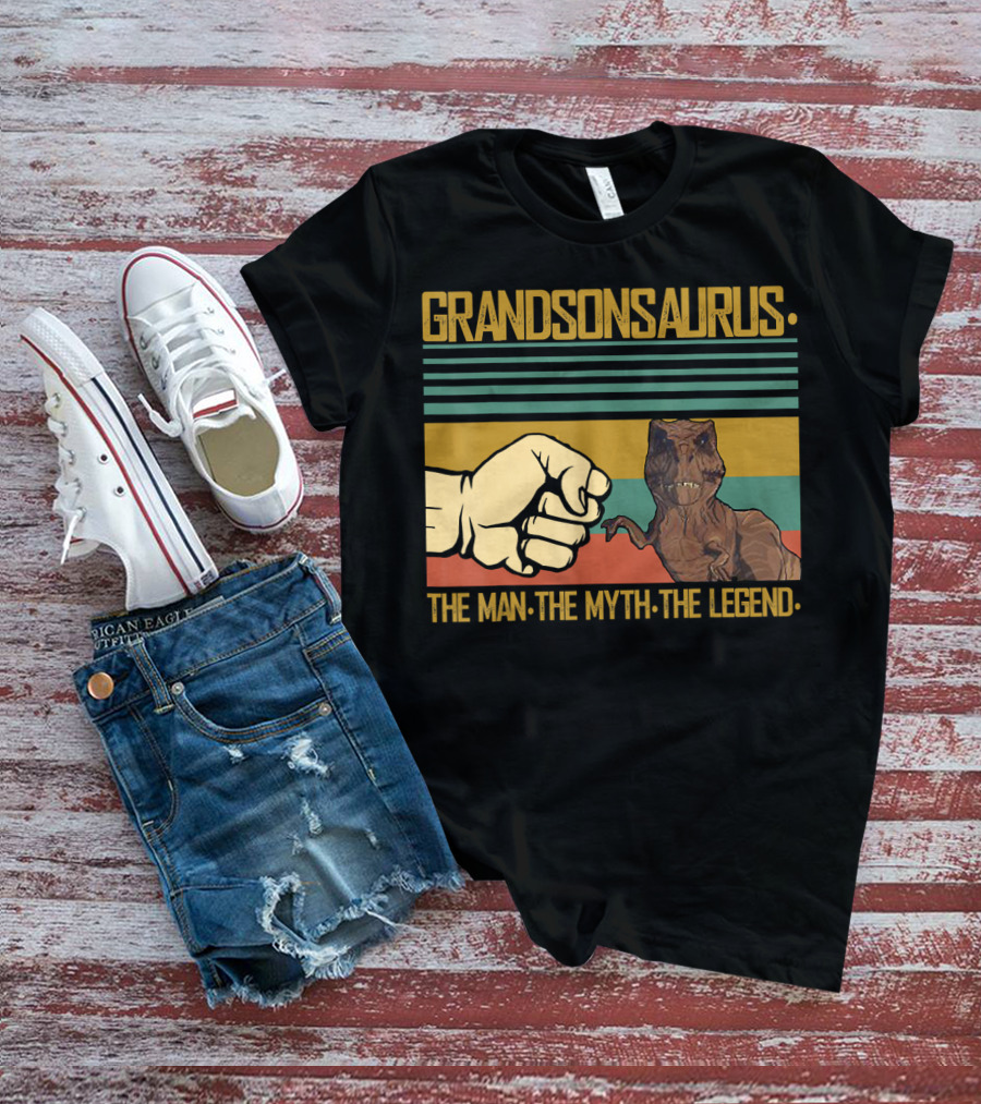Grandsonsaurus The Man The Myth The Legend Dinosaur Fist Retro Stripes T-Shirt