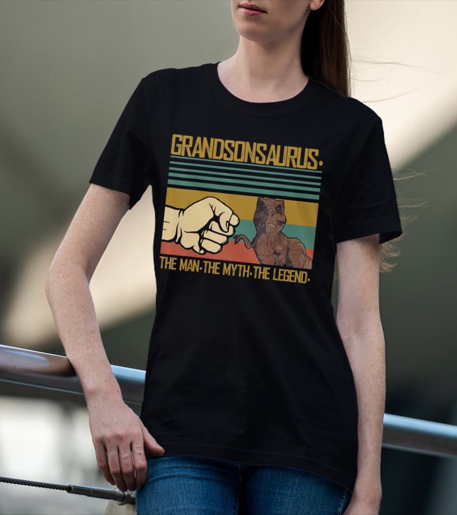Grandsonsaurus The Man The Myth The Legend Dinosaur Fist Retro Stripes T-Shirt