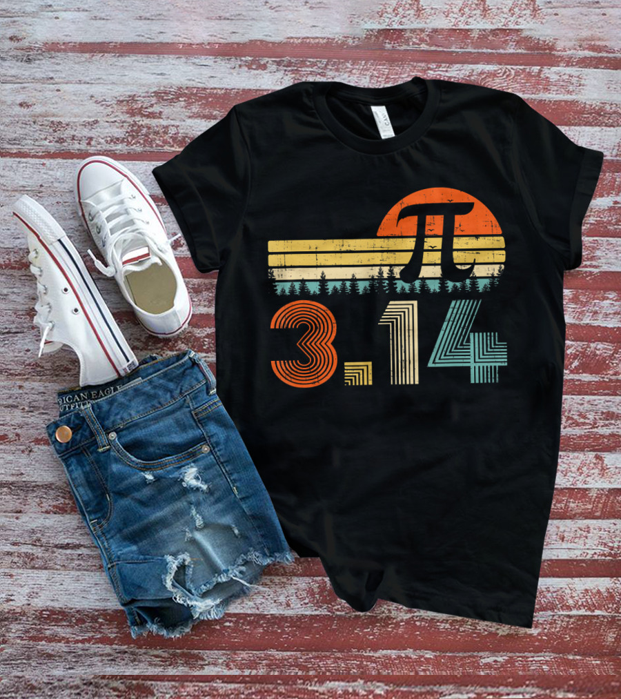 Pi Day Math Teacher 3.14 Retro Sunset Forest T-Shirt