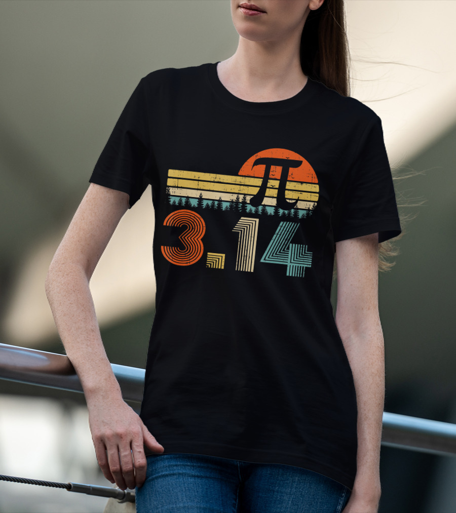 Pi Day Math Teacher 3.14 Retro Sunset Forest T-Shirt