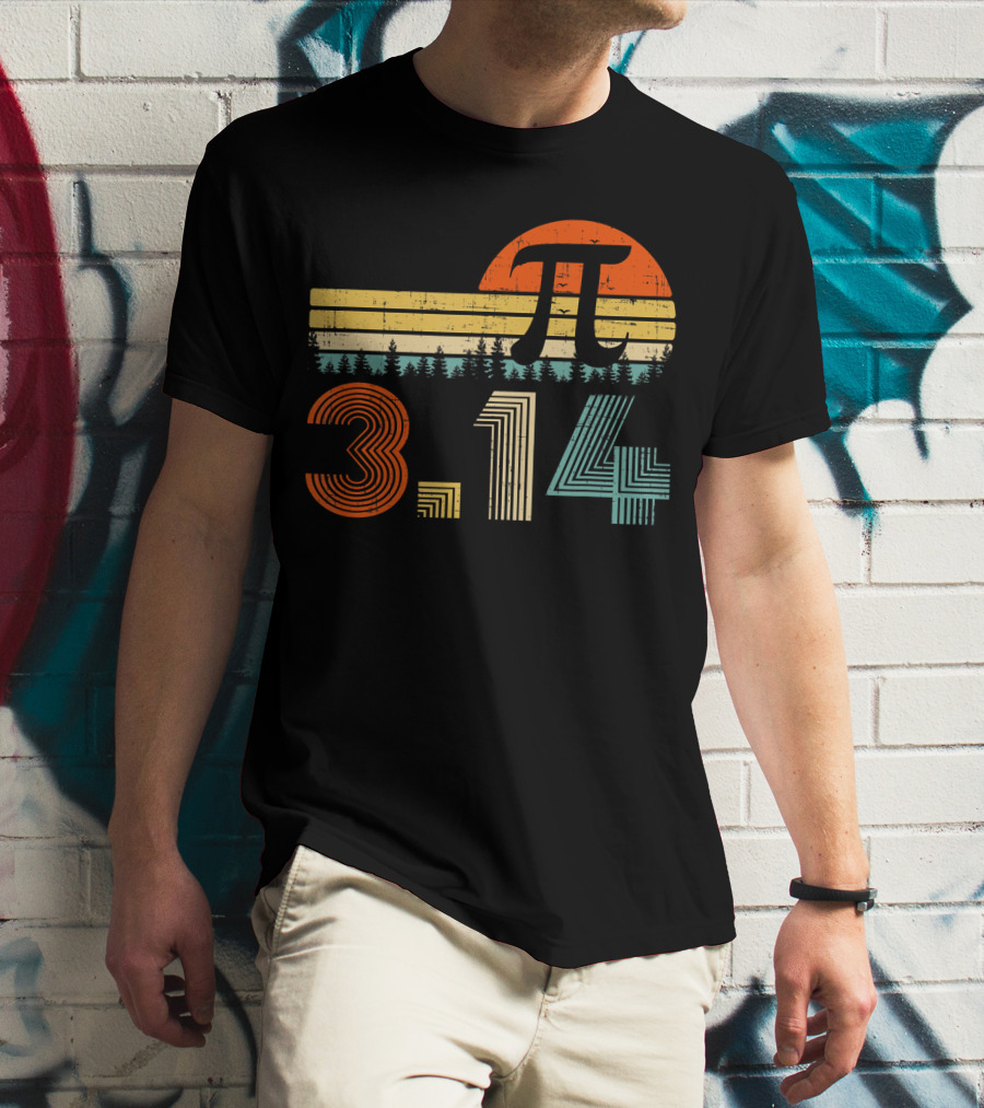Pi Day Math Teacher 3.14 Retro Sunset Forest T-Shirt