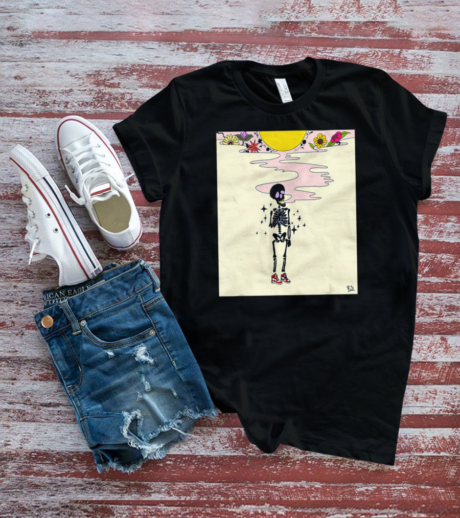 Smoking Skeleton Sun Flowers Sneakers Graphic Fashion T-Shirt