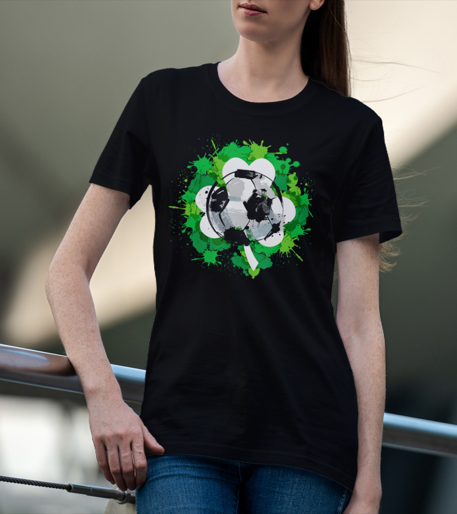 St Patrick's Day Soccer Ball Shamrock Green Splatter T-Shirt