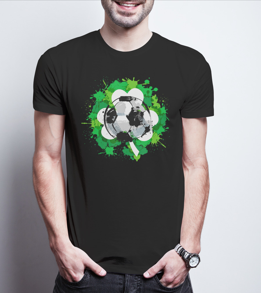 St Patrick's Day Soccer Ball Shamrock Green Splatter T-Shirt