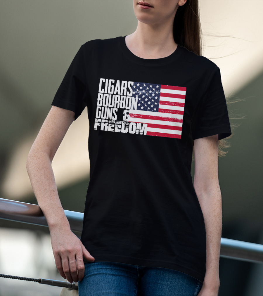 Cigars Bourbon Guns Freedom American Flag T-Shirt