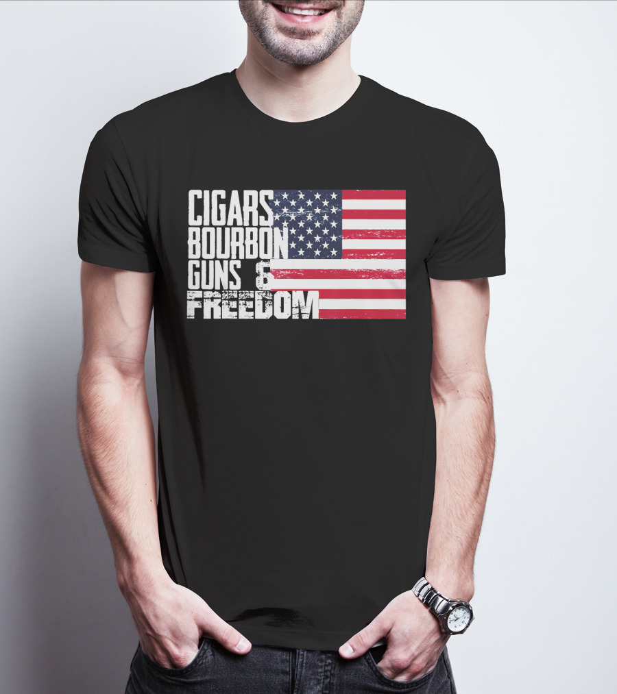 Cigars Bourbon Guns Freedom American Flag T-Shirt