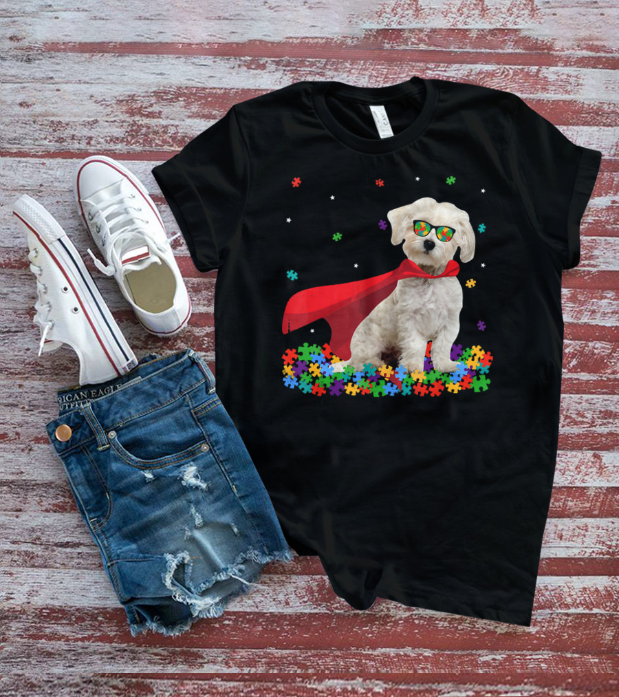 Superhero Maltese Dog Puzzle Pieces Autism Awareness T-Shirt
