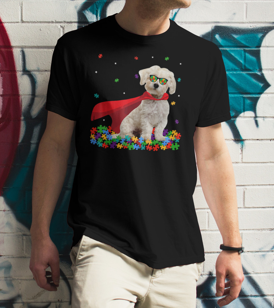 Superhero Maltese Dog Puzzle Pieces Autism Awareness T-Shirt