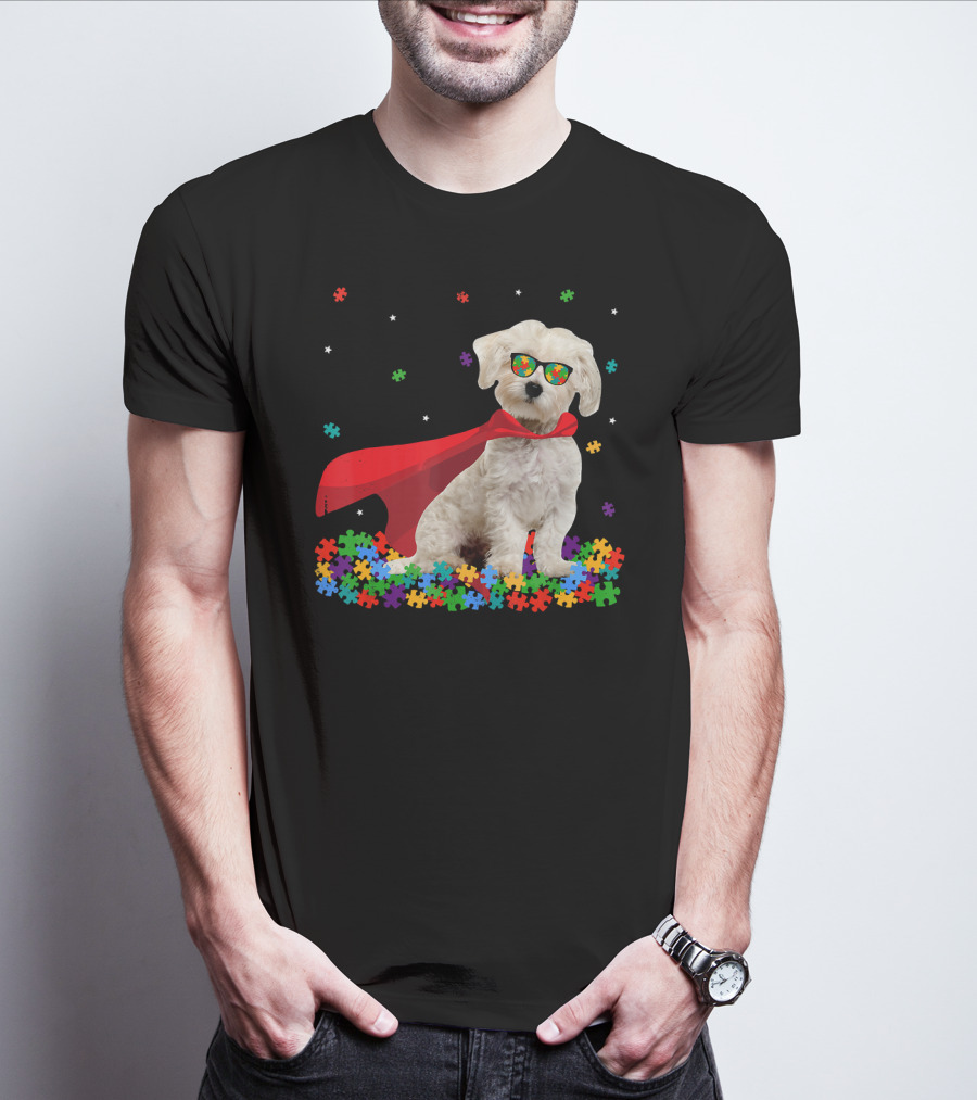 Superhero Maltese Dog Puzzle Pieces Autism Awareness T-Shirt