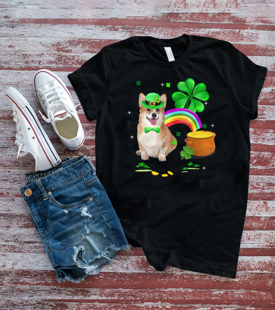Corgi Dog Shamrock St Patricks Day Leprechaun Rainbow Pot Of Gold T-Shirt