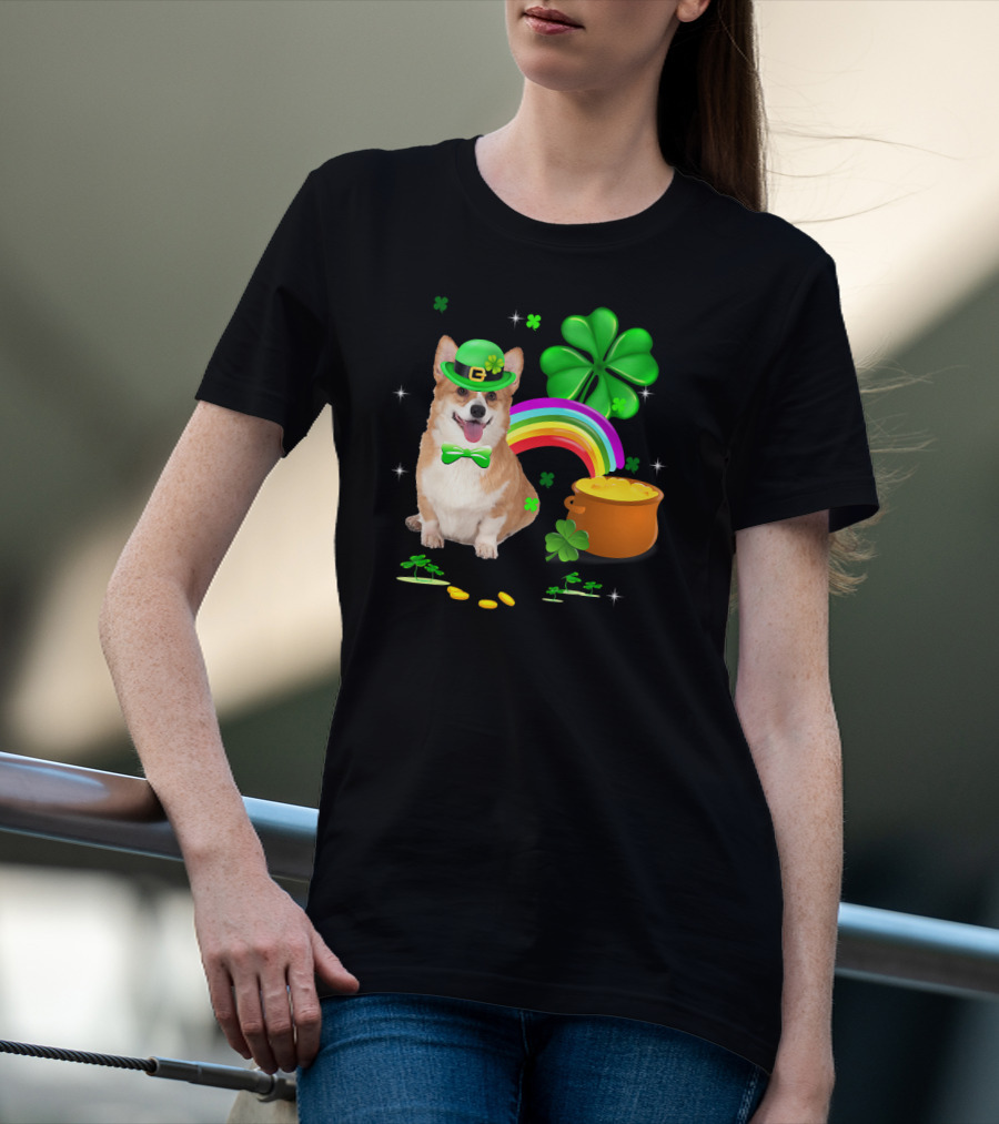 Corgi Dog Shamrock St Patricks Day Leprechaun Rainbow Pot Of Gold T-Shirt