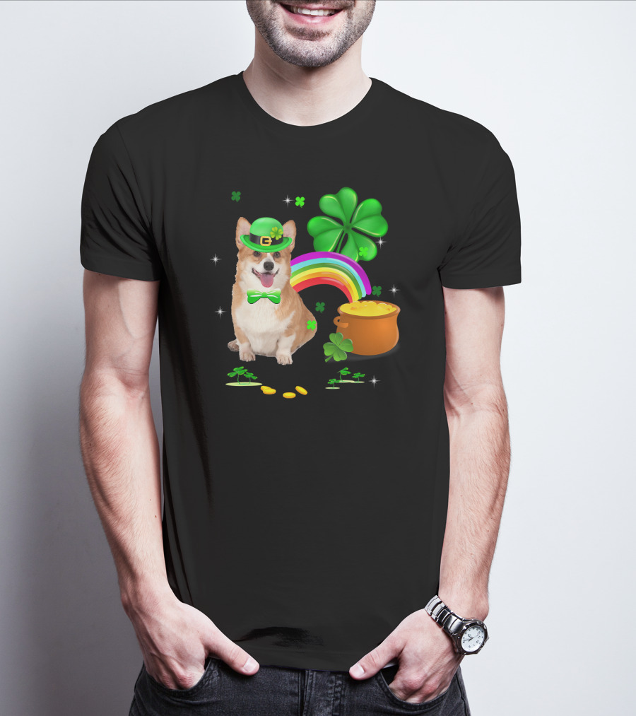 Corgi Dog Shamrock St Patricks Day Leprechaun Rainbow Pot Of Gold T-Shirt