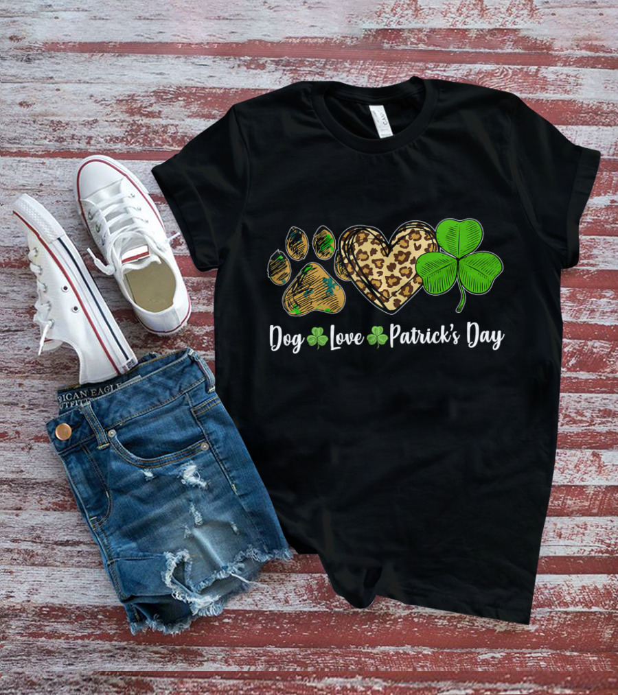 Dog Love Leopard Shamrock Patrick's Day T-Shirt