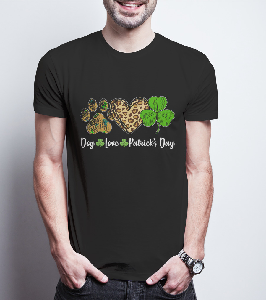 Dog Love Leopard Shamrock Patrick's Day T-Shirt