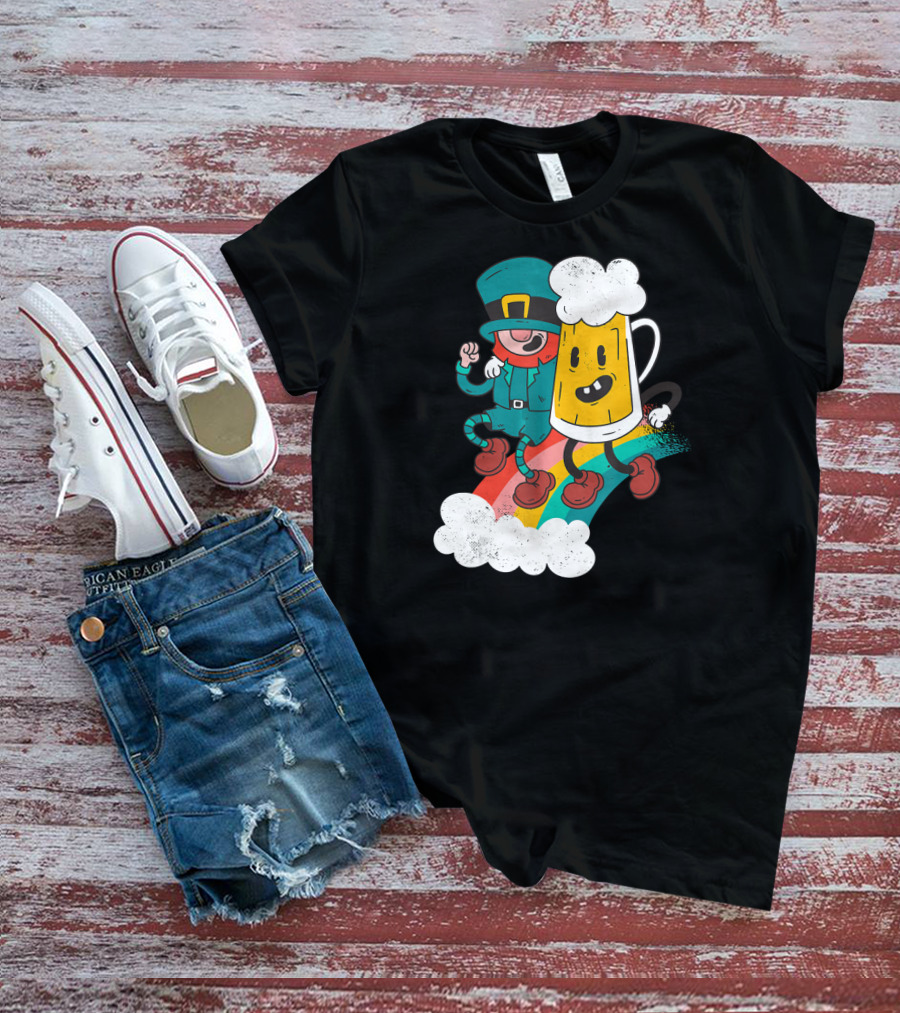 Leprechaun And Beer Besties Riding Rainbow With Clouds T-Shirt