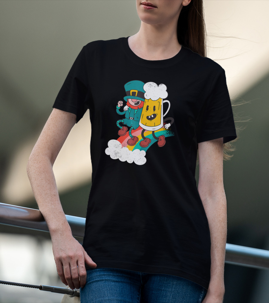 Leprechaun And Beer Besties Riding Rainbow With Clouds T-Shirt