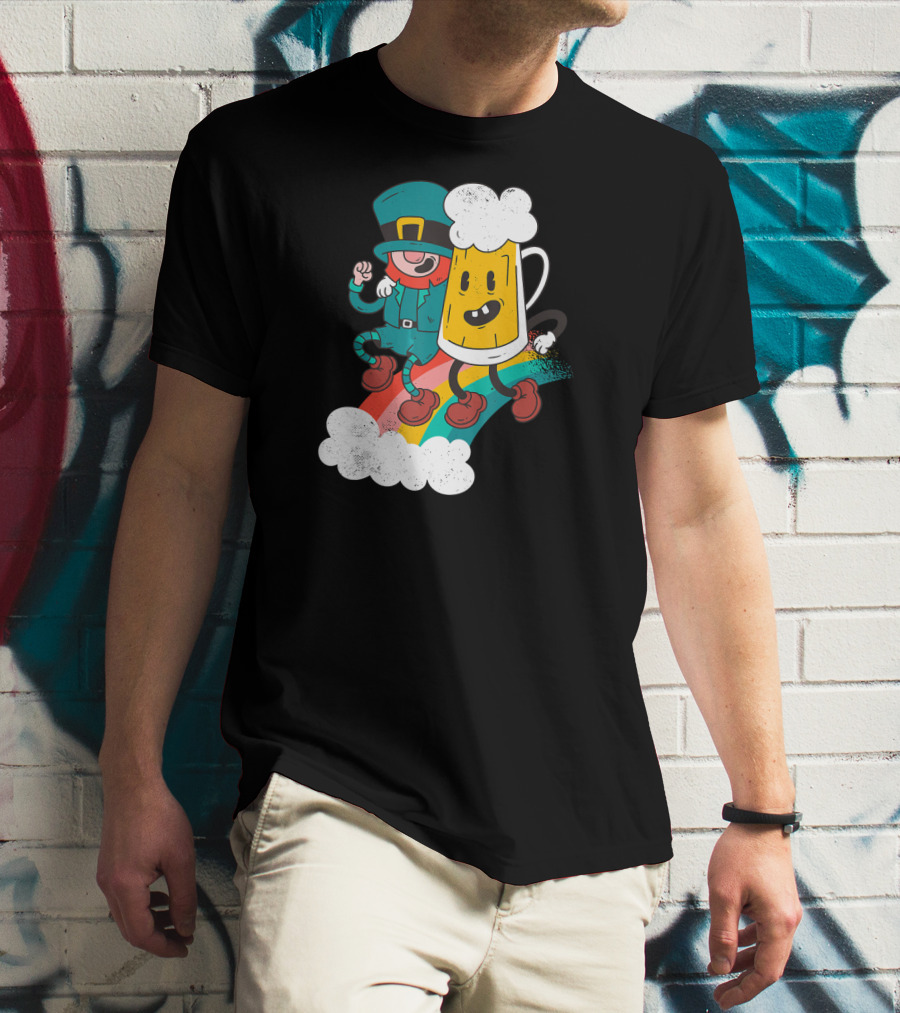 Leprechaun And Beer Besties Riding Rainbow With Clouds T-Shirt