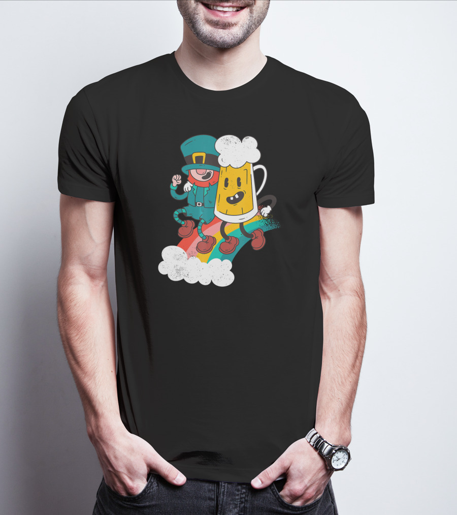 Leprechaun And Beer Besties Riding Rainbow With Clouds T-Shirt