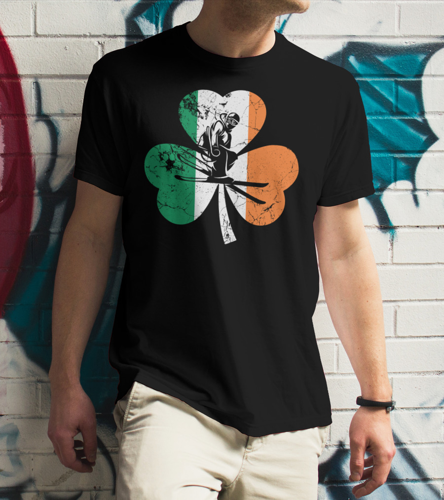 Skiing Shamrock St Patrick's Day Ireland Irish Flag T-Shirt
