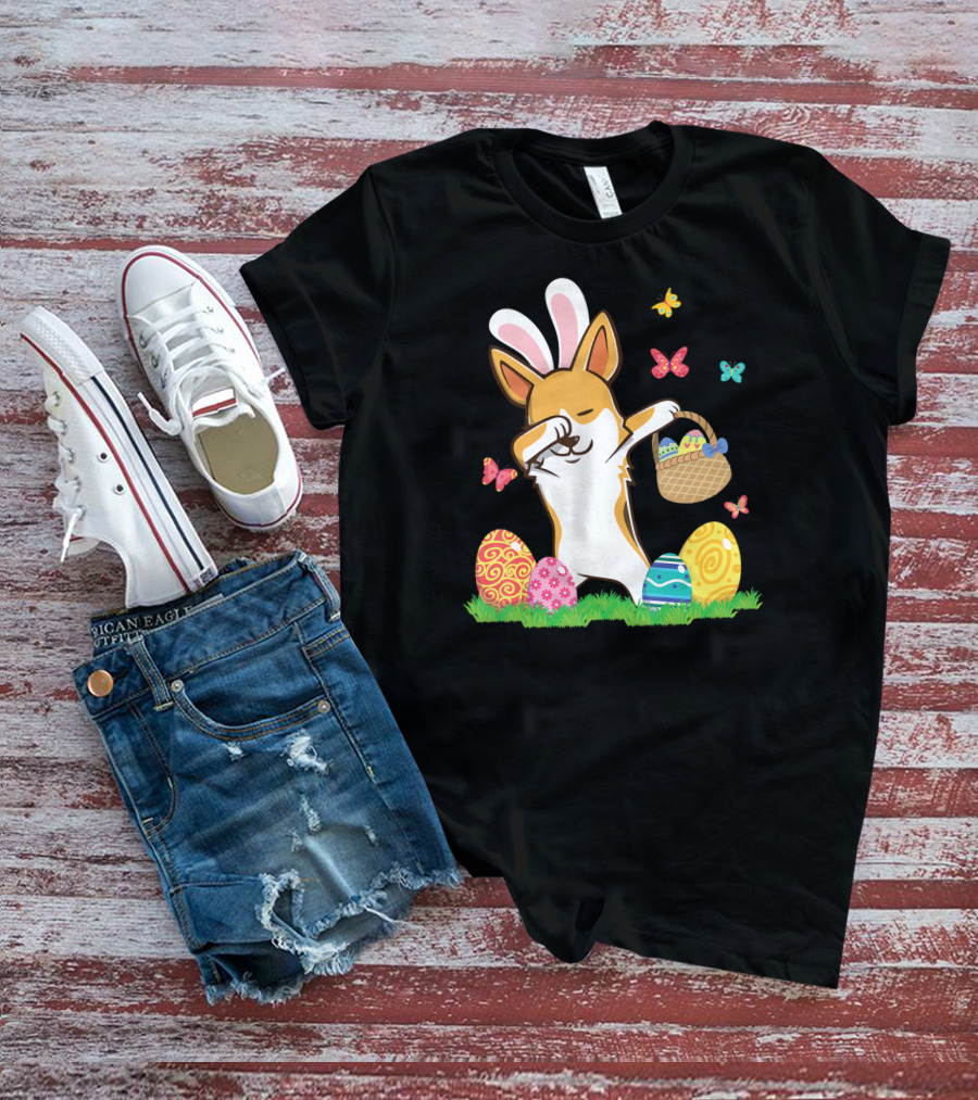Corgi Bunny Dog Dabbing With Colorful Easter Eggs And Butterflies T-Shirt