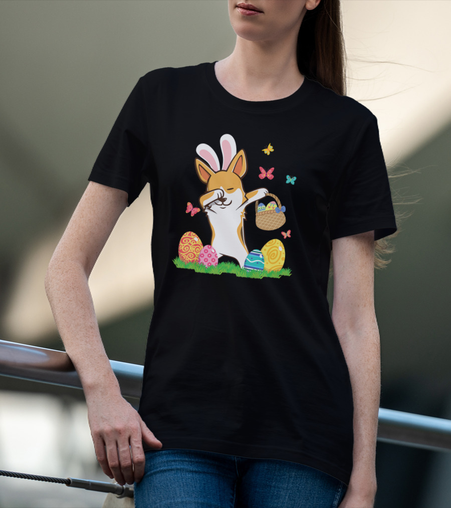 Corgi Bunny Dog Dabbing With Colorful Easter Eggs And Butterflies T-Shirt