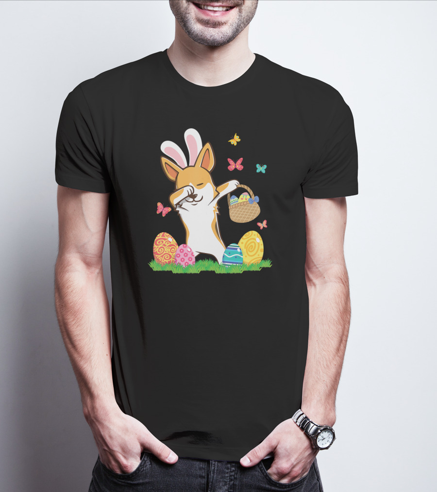 Corgi Bunny Dog Dabbing With Colorful Easter Eggs And Butterflies T-Shirt