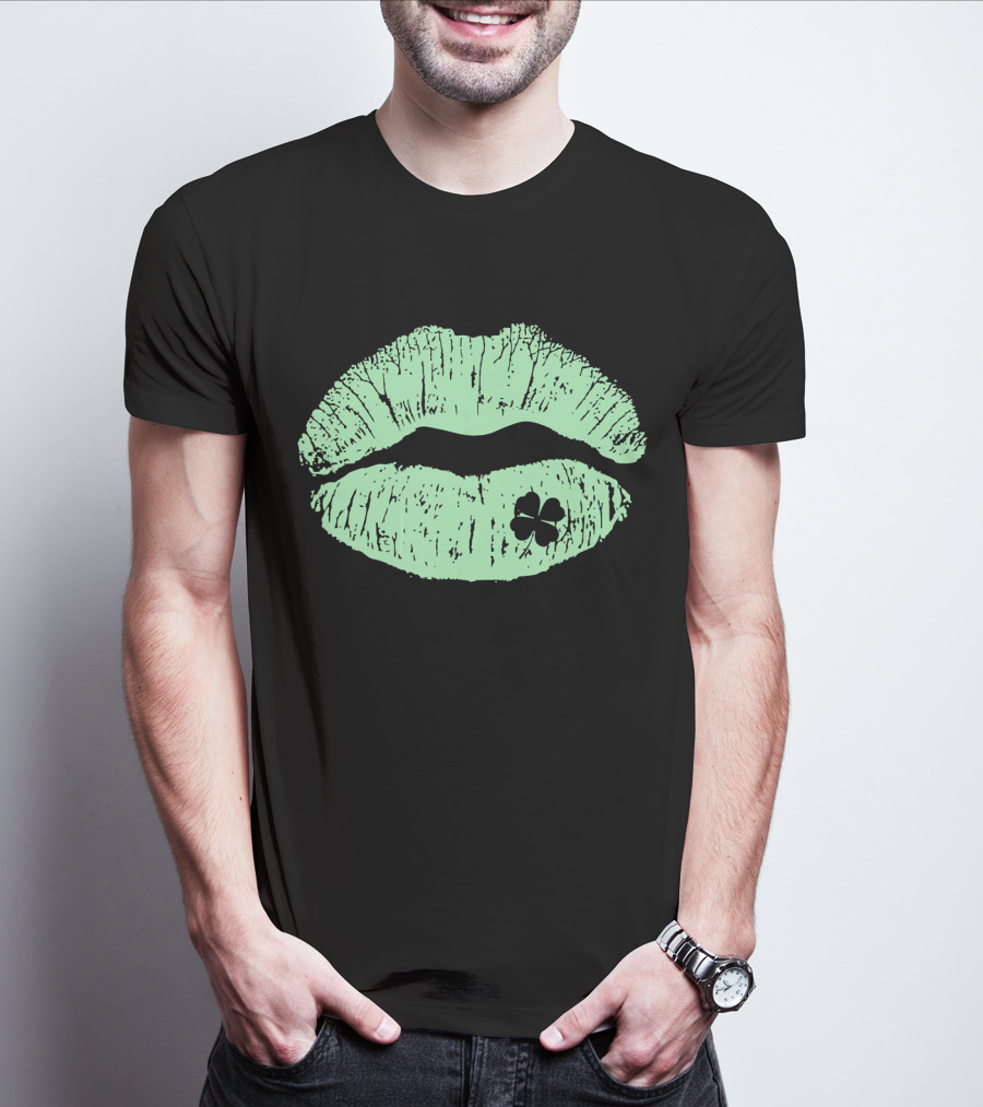 Lips Irish Kiss Clover St Patricks Day Green Shamrock T-Shirt