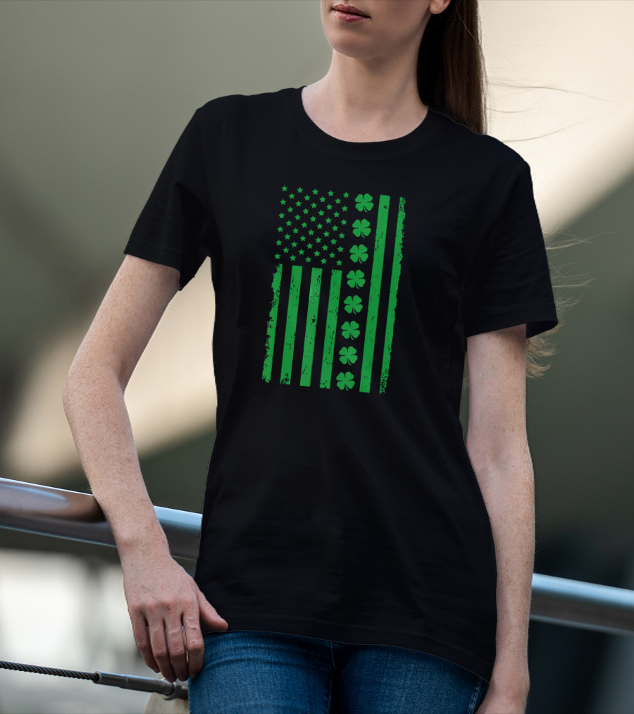 St Patrick Day Green Shamrock Irish American Flag T-Shirt
