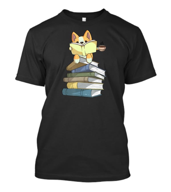 Welsh Corgi Reading Books With Coffee T-Shirt