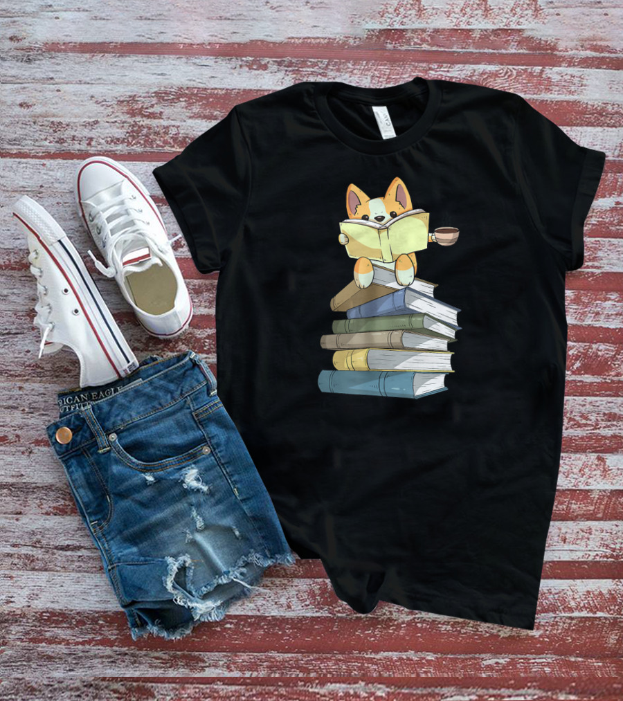 Welsh Corgi Reading Books With Coffee T-Shirt