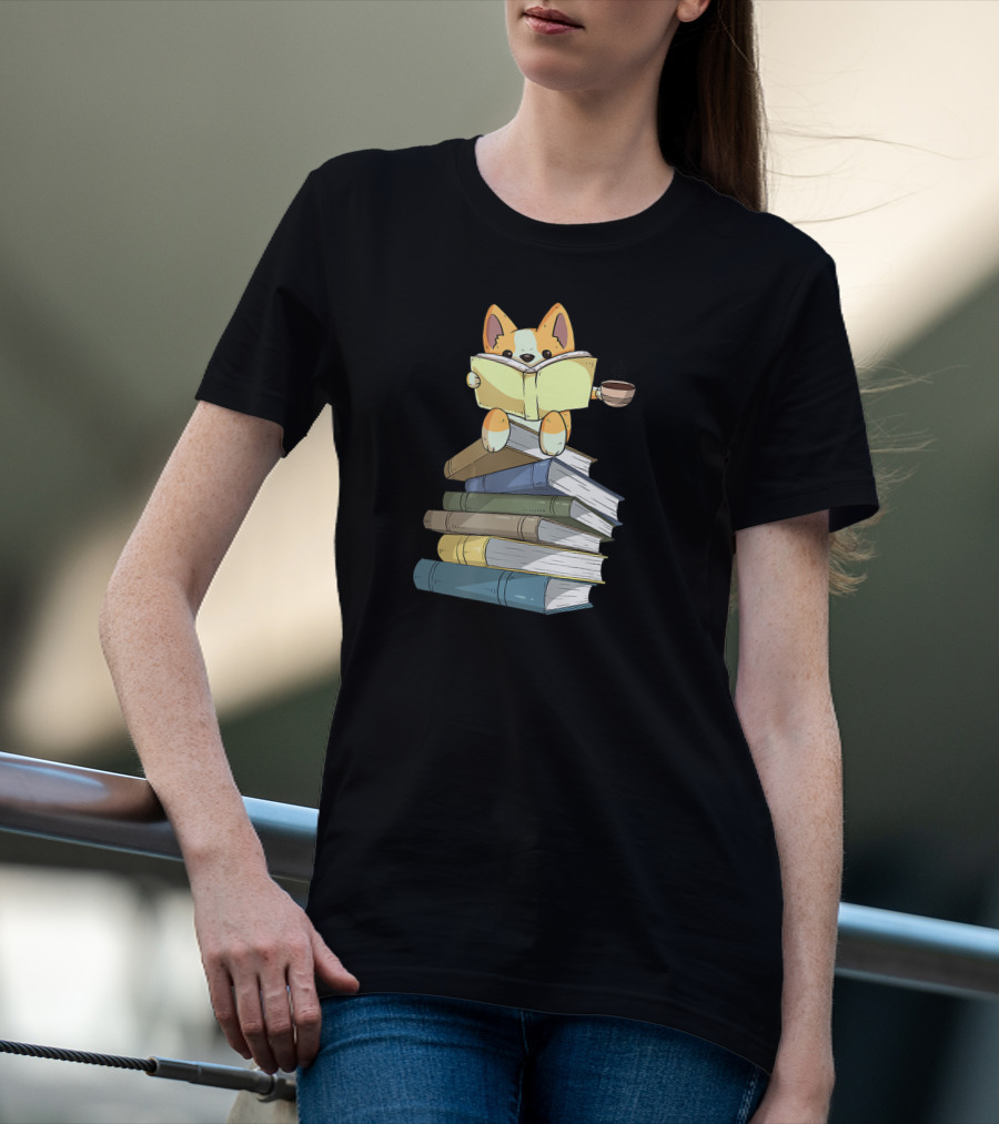 Welsh Corgi Reading Books With Coffee T-Shirt