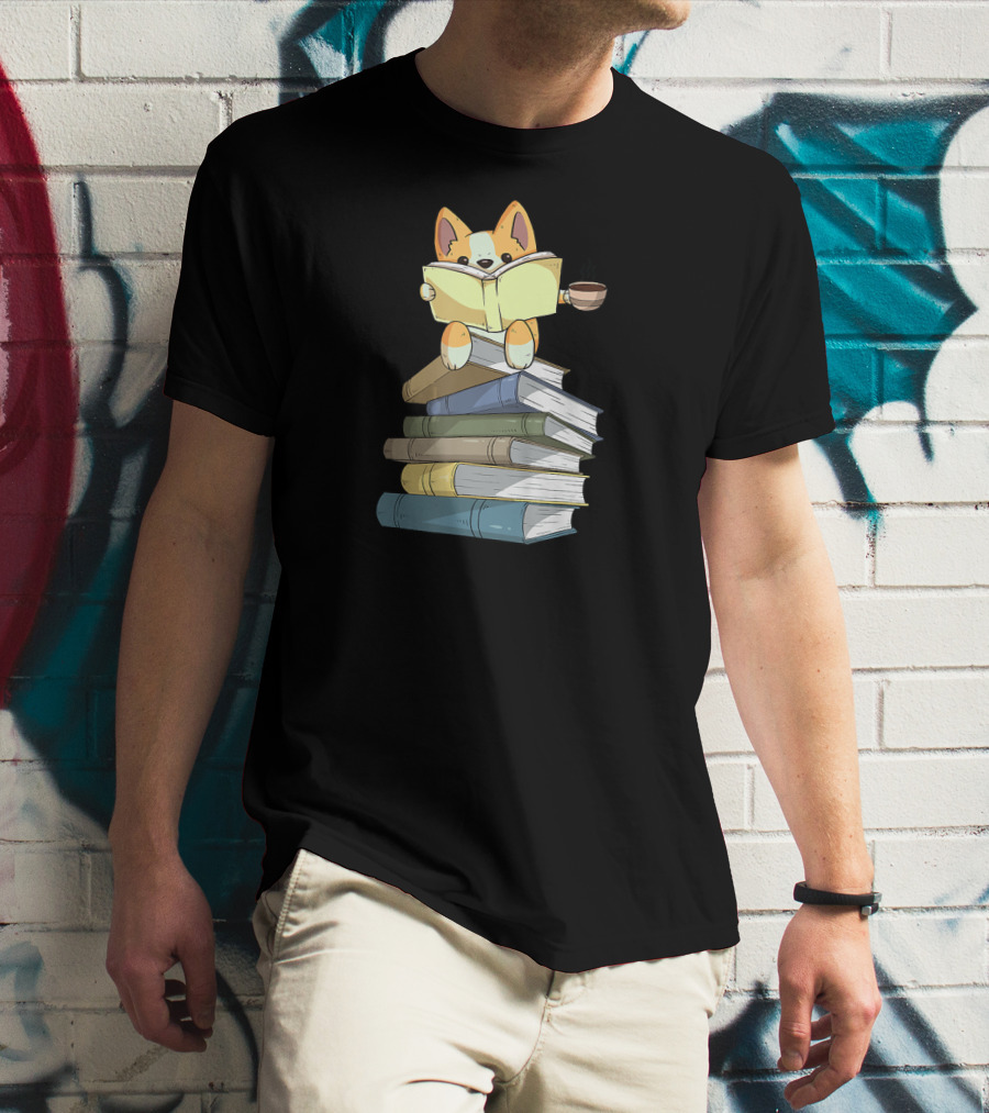 Welsh Corgi Reading Books With Coffee T-Shirt