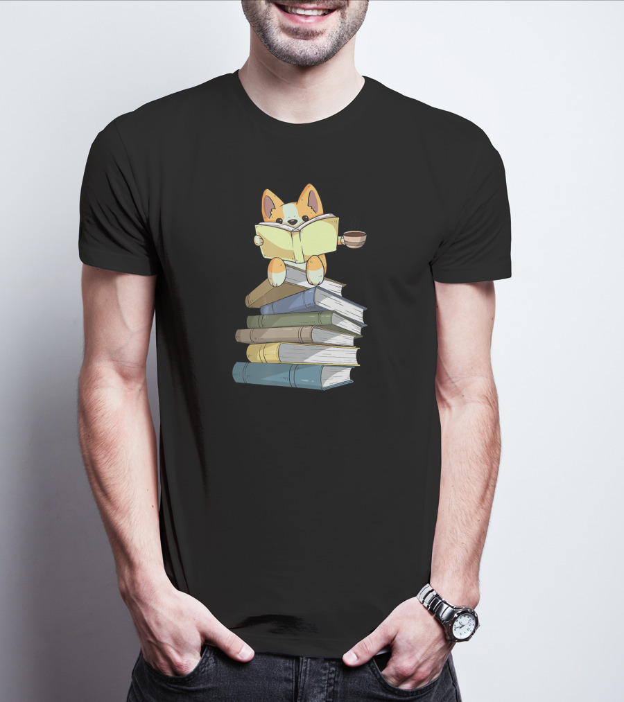 Welsh Corgi Reading Books With Coffee T-Shirt