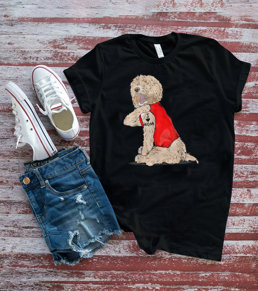 Labradoodle I Love Mom Tattoo Funny Dog In Red Vest Sitting Pose T-Shirt