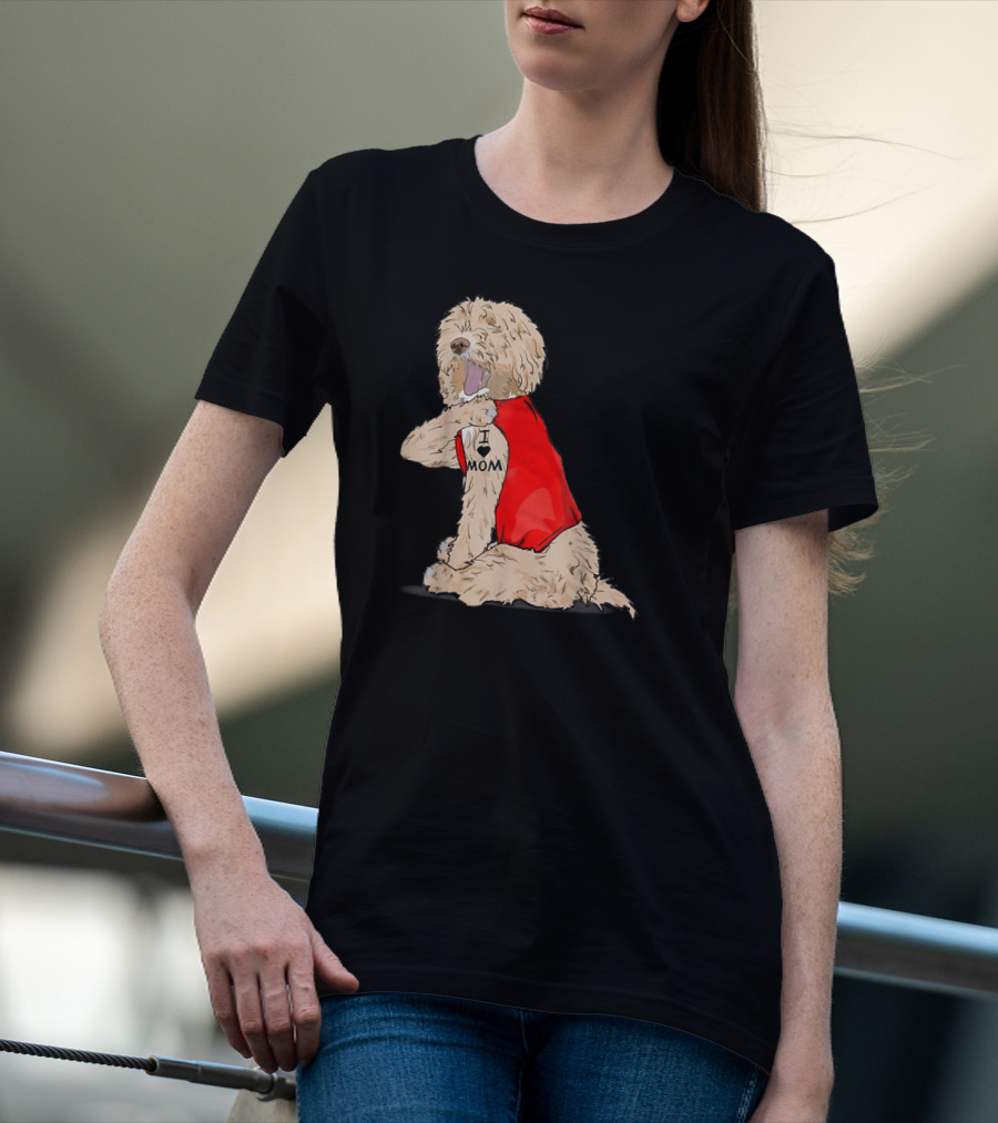 Labradoodle I Love Mom Tattoo Funny Dog In Red Vest Sitting Pose T-Shirt