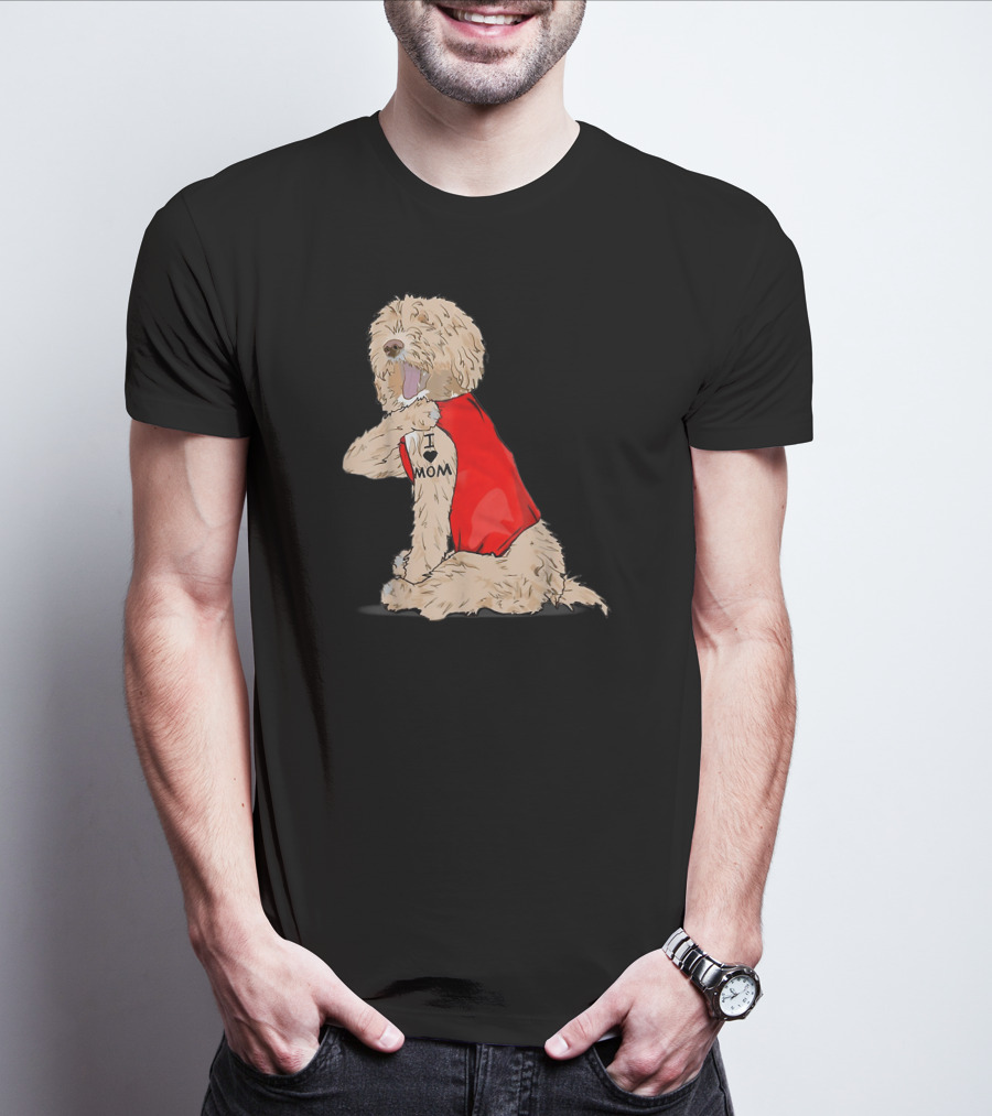 Labradoodle I Love Mom Tattoo Funny Dog In Red Vest Sitting Pose T-Shirt