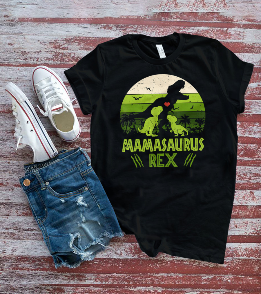 Mamasaurus Rex Dinosaur Lover Heart Jungle Scene With Two Kids T-Shirt