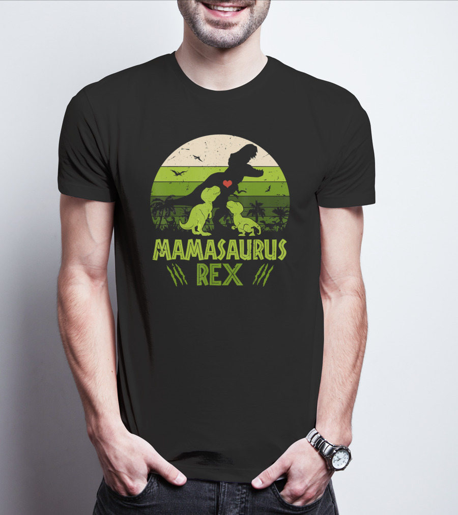 Mamasaurus Rex Dinosaur Lover Heart Jungle Scene With Two Kids T-Shirt