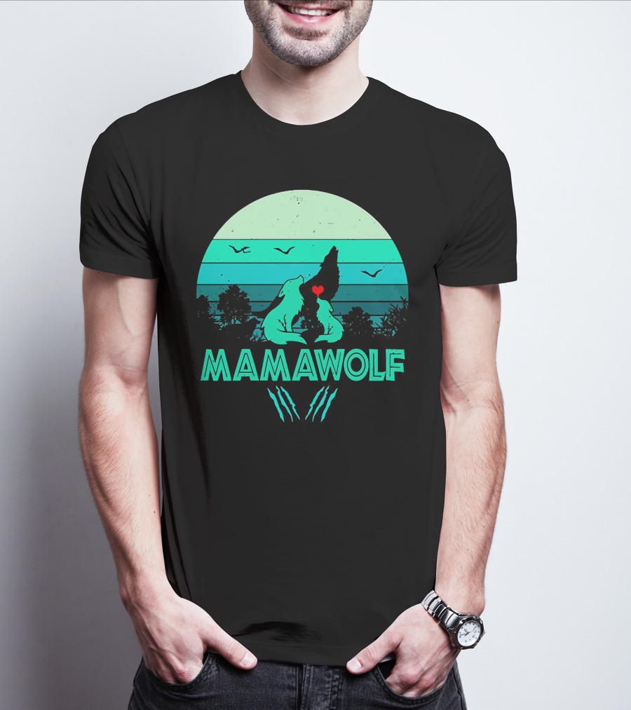 MAMAWOLF Babies Mom Vintage Wolf Heart Moon T-Shirt