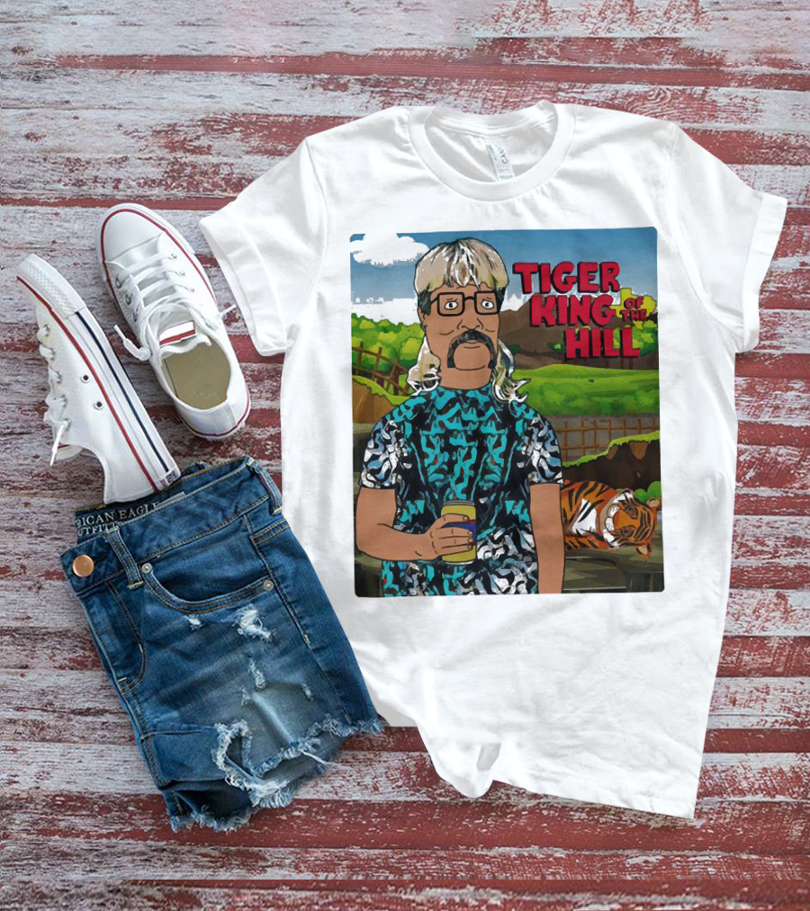 Tiger King Of The Hill In Cartoon Style With Tiger And Guy Holding Drink T-Shirt