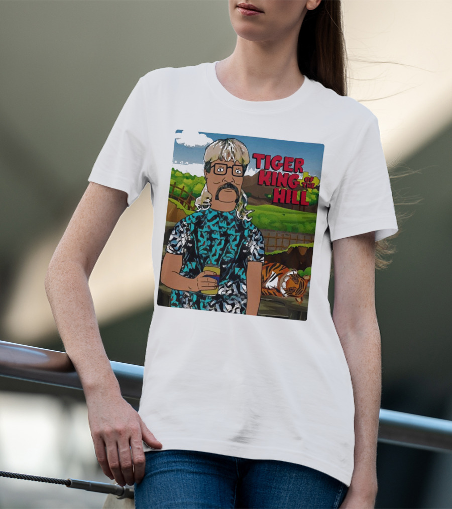 Tiger King Of The Hill In Cartoon Style With Tiger And Guy Holding Drink T-Shirt