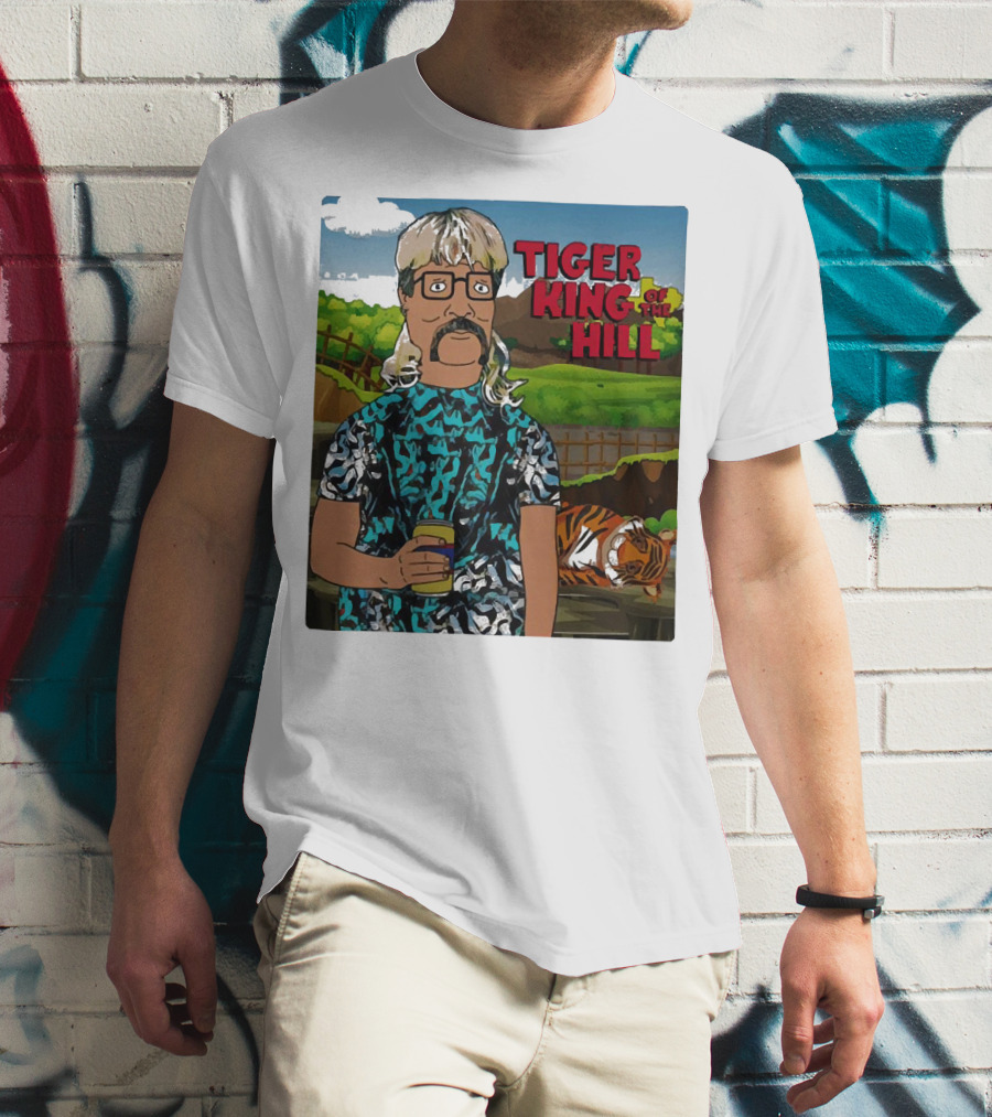 Tiger King Of The Hill In Cartoon Style With Tiger And Guy Holding Drink T-Shirt