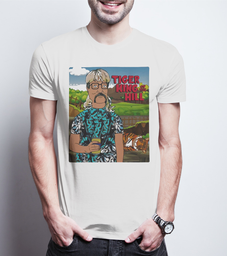 Tiger King Of The Hill In Cartoon Style With Tiger And Guy Holding Drink T-Shirt