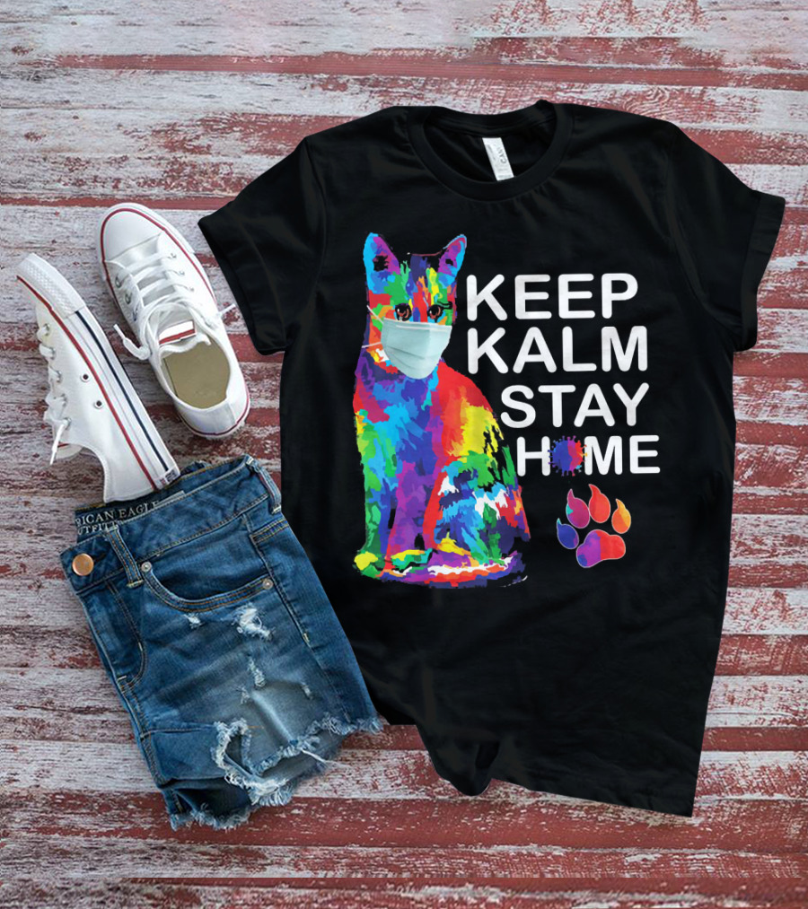 Colorful Masked Cat Keep Kalm Stay Home Ladies T-Shirt